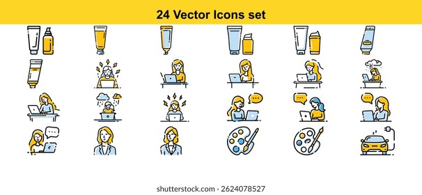 A diverse collection of 24 vector icons depicting women at work, experiencing various emotions, using cosmetics, and an electric car. Perfect for websites, apps, and presentations.