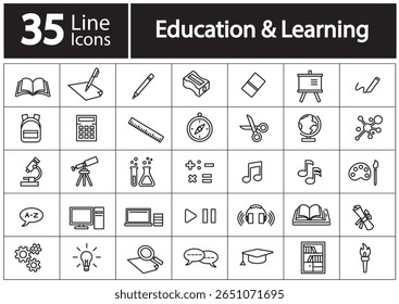 Coleção diversa de 35 ícones de linha que ilustram vários aspectos da educação e do aprendizado, incluindo ferramentas, assuntos e atividades colaborativas para recursos digitais