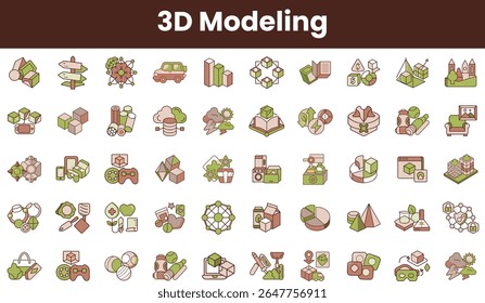 Uma coleção diversificada de ícones de modelagem 3D apresentando elementos como natureza, tecnologia e design, representando visualmente vários conceitos de uma maneira coesa e colorida.