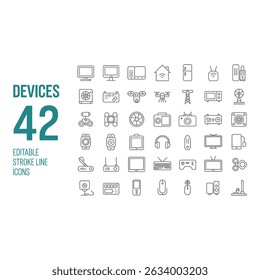 A diverse collection of 42 outlined gadget icons representing modern technology and digital