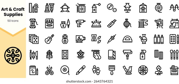 A diverse collection of 50 art and craft supply icons in a minimalist line art style, featuring tools, instruments, and materials for creative projects.
