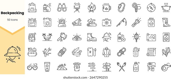 A diverse collection of 50 backpacking icons featuring outdoor gear, activities, and essentials, designed in a minimalist style suitable for adventures.