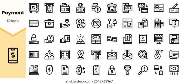 A diverse collection of 50 black and white payment-related icons, showcasing various forms of transactions, money management, and financial services in a modern design.