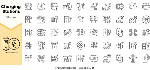 Una colección diversa de 50 iconos de estaciones de carga, que muestra varias opciones de carga para dispositivos, vehículos y más en un diseño elegante y minimalista.