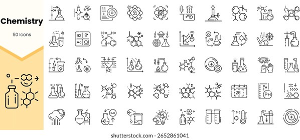 Uma coleção diversificada de 50 ícones com temas químicos, apresentando equipamentos de laboratório, estruturas moleculares e símbolos científicos em um design elegante e minimalista.