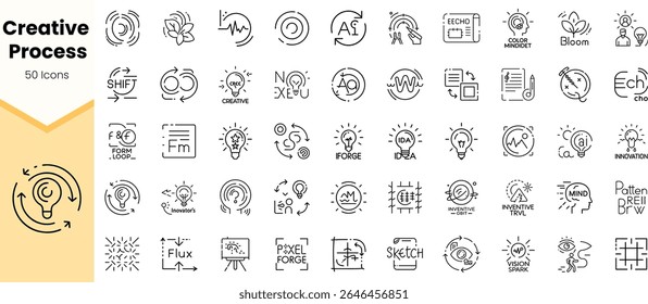 A diverse collection of 50 creative process icons. Each minimalist design represents concepts like innovation, brainstorming, and inspiration, perfect for creative projects.