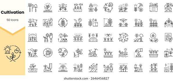 Uma coleção diversificada de 50 ícones de cultivo com plantas, ferramentas e elementos de agricultura sustentável em um design minimalista em preto e branco.