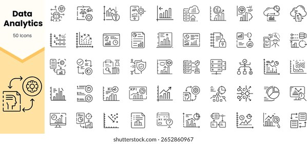 Uma coleção diversificada de 50 ícones de análise de dados, com gráficos, gráficos e símbolos de tecnologia, perfeito para ilustrar conceitos orientados por dados em projetos.