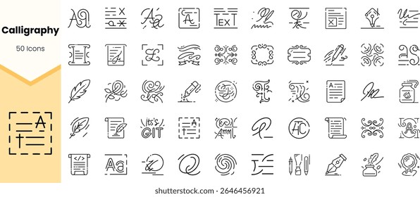 A diverse collection of 50 elegant calligraphy icons, showcasing intricate designs in black and white, perfect for artistic projects and graphic design.