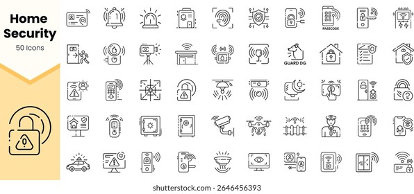 A diverse collection of 50 home security icons, featuring elements like alarms, cameras, and locks, showcasing modern safety solutions in a clean, minimalist style.