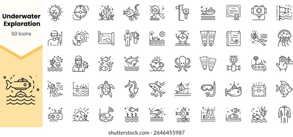 A diverse collection of 50 icons illustrating underwater exploration, featuring marine life, equipment, and activities related to diving and ocean research.