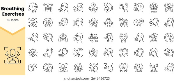 A diverse collection of 50 icons illustrating various breathing exercises, featuring clean line art and a calming aesthetic, ideal for wellness applications.