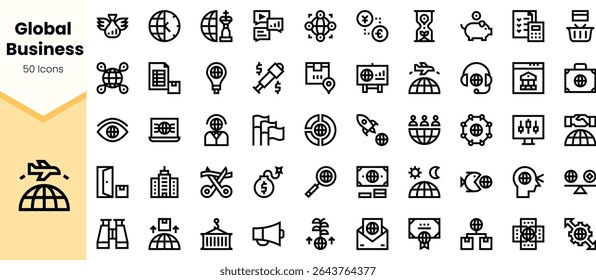 A diverse collection of 50 icons representing global business concepts in a minimalist outline style, perfect for modern design projects.