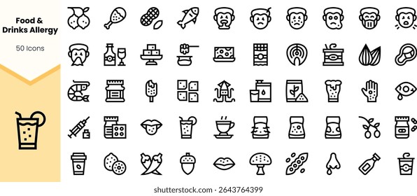A diverse collection of 50 icons representing food and drink allergies, featuring symbols for various allergens and reactions, set against a clean white background.