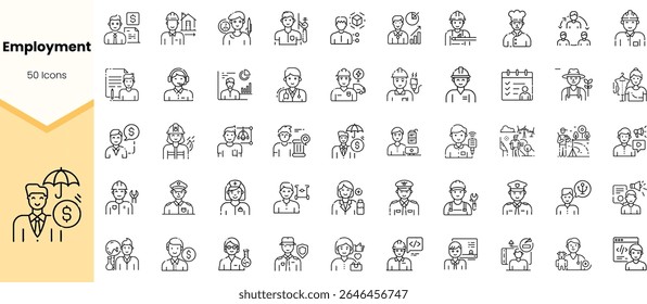 Uma coleção diversificada de 50 ícones representando vários setores de emprego, apresentando personagens envolvidos em diferentes profissões e atividades em um estilo de arte de linha minimalista.