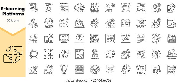 Coleção diversa de 50 ícones representando várias plataformas de e-learning, apresentando temas como arte, ciência e história em um design moderno e minimalista.