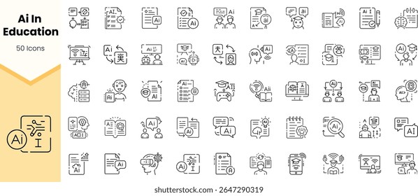 A diverse collection of 50 icons representing AI in education, showcasing various technologies, learning methods, and innovative teaching tools in a sleek, minimalist design.