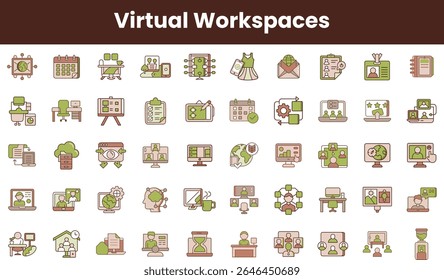A diverse collection of 50 illustrated icons representing virtual workspaces, featuring elements like computers, graphs, and communication tools in muted colors.