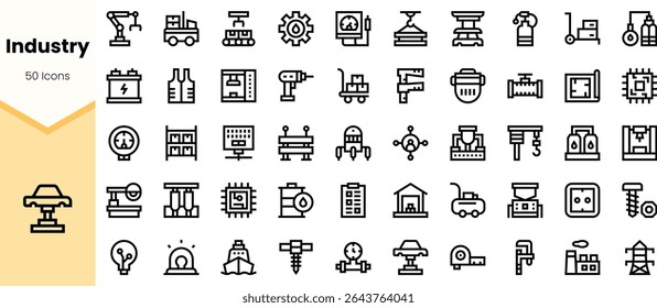Uma coleção diversificada de 50 ícones industriais, com máquinas e ferramentas em um estilo de arte de linha minimalista. Um grande recurso para tópicos de tecnologia e engenharia.