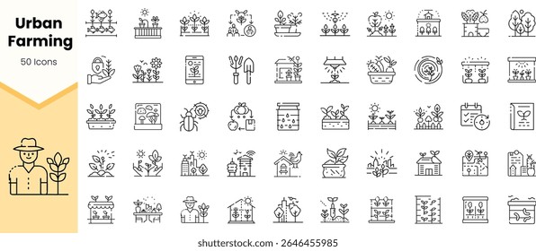 A diverse collection of 50 line icons representing urban farming, showcasing gardening tools, plants, and eco-friendly practices in a modern urban setting.