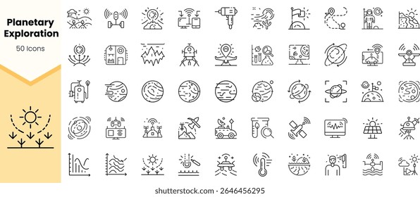 A diverse collection of 50 line icons representing planetary exploration, including celestial bodies, tools, and environmental elements in a modern design.