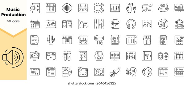 A diverse collection of 50 line icons representing music production tools and elements, including microphones, soundwaves, speakers, and audio mixers.