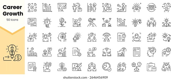 A diverse collection of 50 line icons representing various aspects of career growth, including teamwork, skills, and financial success in a modern workplace setting.