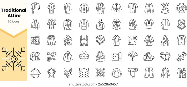 A diverse collection of 50 line icons showcasing traditional attire from various cultures, featuring garments, accessories, and jewelry in a minimalistic design.