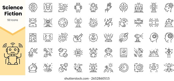 A diverse collection of 50 line icons representing science fiction themes, including robots, planets, and futuristic technology, showcasing creativity and imagination.