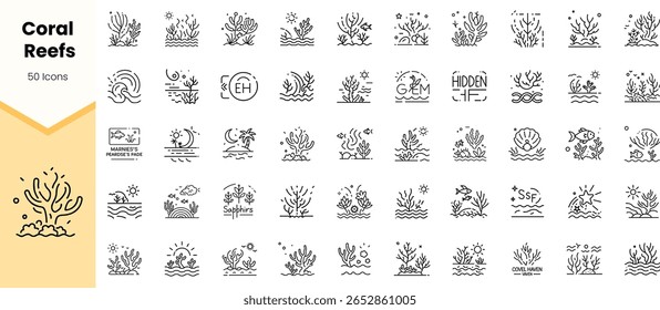A diverse collection of 50 line icons representing coral reefs, showcasing various styles and marine life, highlighting the beauty of underwater ecosystems.
