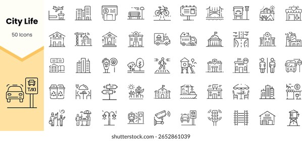 A diverse collection of 50 line icons representing various aspects of city life, including transportation, buildings, social interactions, and public services.