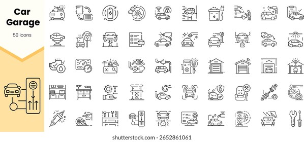 A diverse collection of 50 line icons representing car garage services, tools, and vehicles, showcasing a modern and minimalistic design for automotive enthusiasts.