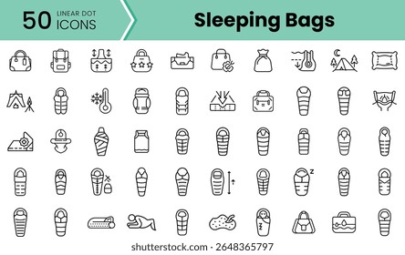 A diverse collection of 50 linear dot icons representing various sleeping bag-related symbols, perfect for outdoor enthusiasts and camping graphics.