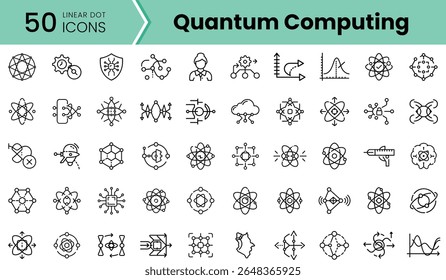 A diverse collection of 50 linear dot icons representing various concepts in quantum computing, featuring intricate designs and modern aesthetics.