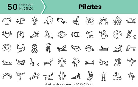 A diverse collection of 50 linear dot icons representing Pilates exercises, showcasing various movements, equipment, and poses in a clean and organized layout.