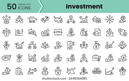 A diverse collection of 50 linear dot icons representing various investment concepts, featuring growing graphs, money symbols, and eco-friendly initiatives.