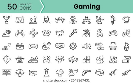 A diverse collection of 50 linear dot icons representing various gaming themes, including trophies, game controllers, and avatars in a minimalist design.