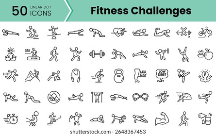 Uma coleção diversificada de 50 ícones de pontos lineares representando vários desafios de fitness, incluindo atividades como corrida, levantamento de peso e ioga, projetado para entusiastas de fitness.