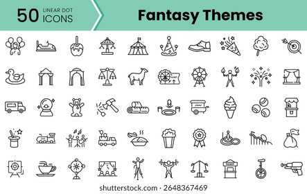A diverse collection of 50 linear dot icons representing various fantasy themes, showcasing elements like carnival, entertainment, and whimsical activities in a playful design.
