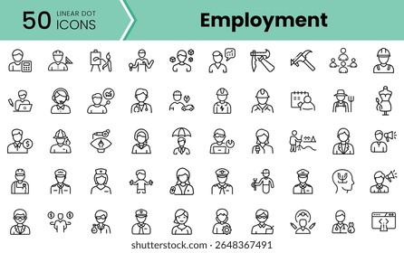 A diverse collection of 50 linear dot icons representing various employment sectors, including professionals, trades, and job roles, in a clean and modern design.