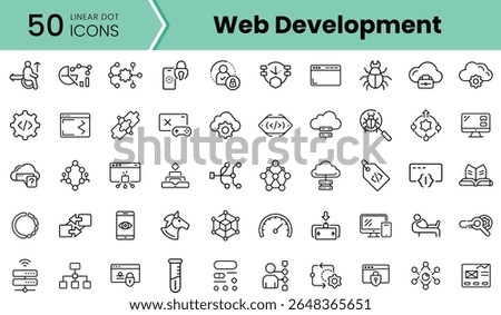 A diverse collection of 50 linear dot icons representing various aspects of web development, including coding, cloud computing, testing, and analytics.