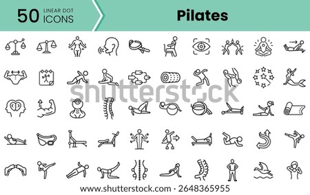 A diverse collection of 50 linear dot icons representing Pilates exercises, showcasing various movements, equipment, and poses in a clean and organized layout.