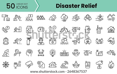 A diverse collection of 50 linear dot icons representing disaster relief concepts, featuring emergency preparedness, health safety, and community support.