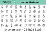 A diverse collection of 50 linear icons representing herbal medicine, showcasing various plants, remedies, and tools in a minimalist design.