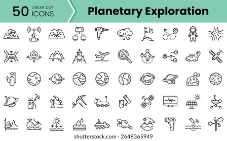 A diverse collection of 50 linear icons representing planetary exploration, featuring astronauts, spacecraft, and various celestial bodies in a monochrome design.