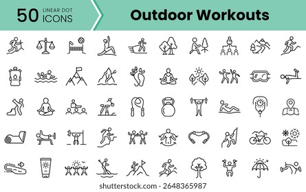 A diverse collection of 50 linear icons representing various outdoor workout activities, showcasing fitness, adventure, and leisure exercises in a modern style.