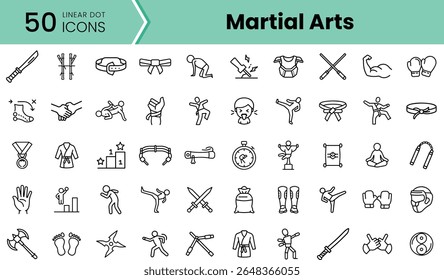 Uma coleção diversificada de 50 ícones lineares representando várias formas de artes marciais, técnicas e equipamentos, mostrando a natureza dinâmica das artes marciais.