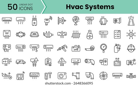 A diverse collection of 50 linear icons representing HVAC systems, featuring equipment like air conditioners, heaters, fans, and environmental controls.