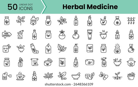 A diverse collection of 50 linear icons representing herbal medicine, showcasing various plants, remedies, and tools in a minimalist design.