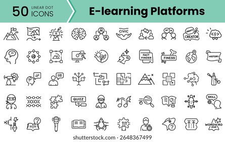 A diverse collection of 50 linear icons representing various e-learning platforms and educational themes, featuring symbols for quizzes, knowledge, skills, and creativity.